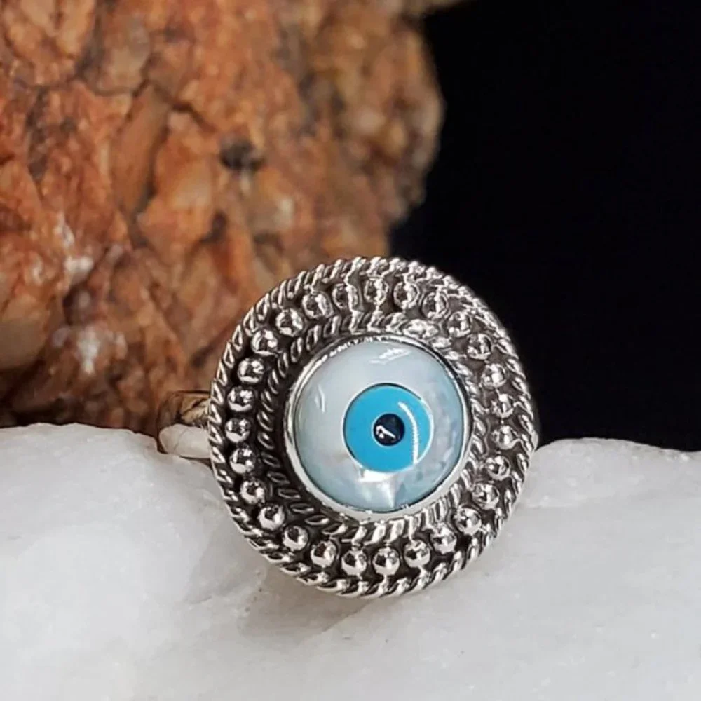 Sterling Silver Ring 925 Evil Eye Protective Designer Mother Of Pearl